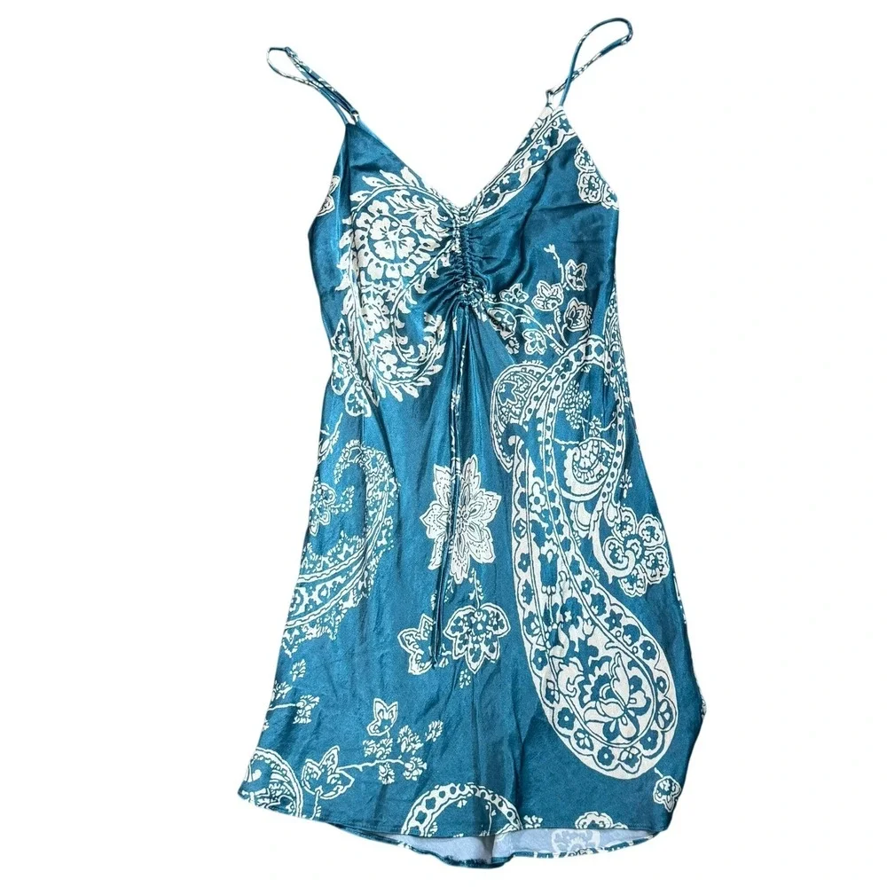 ZARA Women's XS Teal Blue White Paisley Satin‎ Mini Dress Ruched Bust